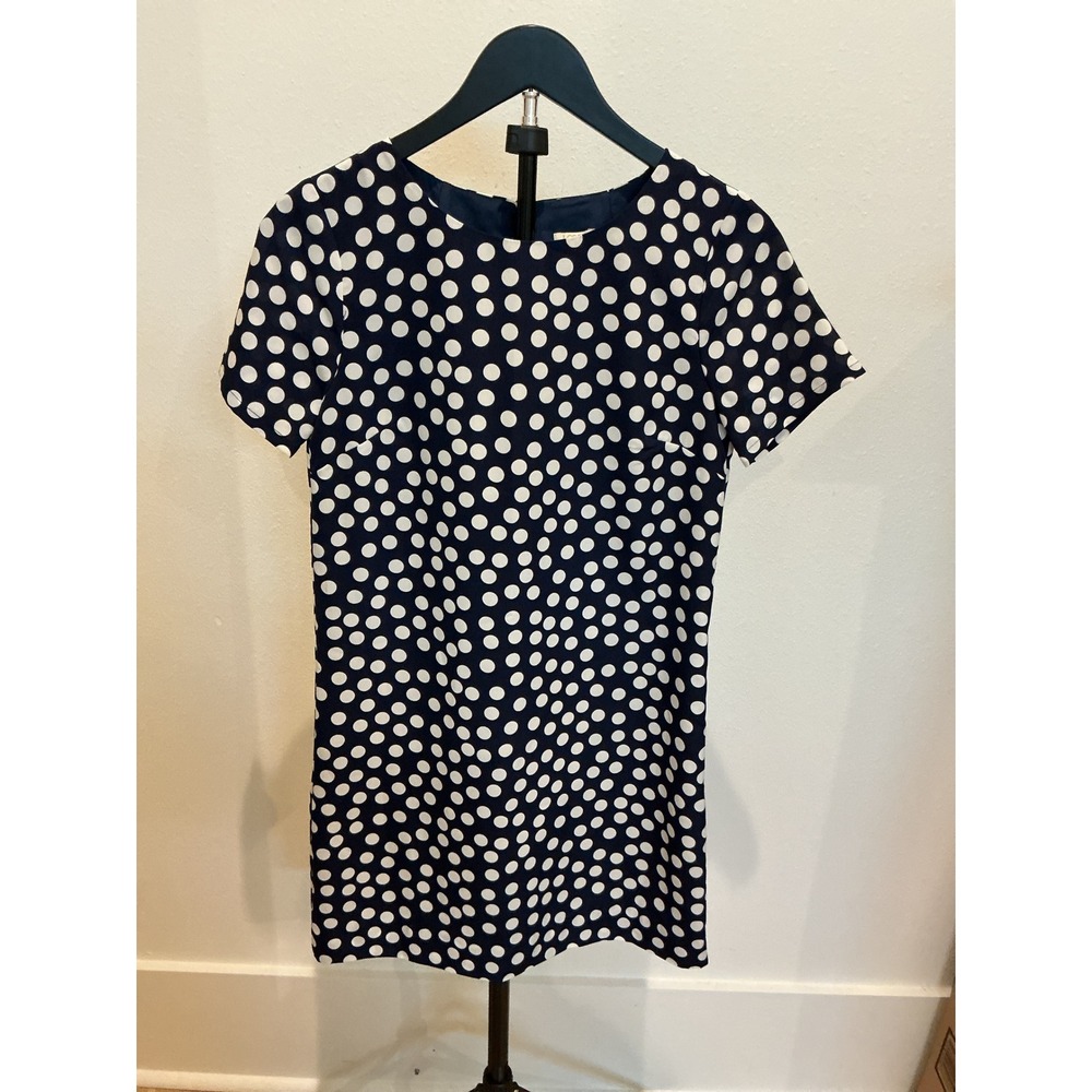 J.Crew Navy Blue White Polka Dot Short Sleeve Shift Dress Size 0 Keyhole Back